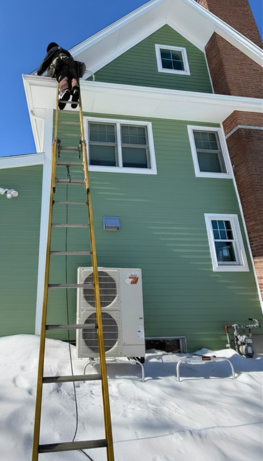 Wildwise technician at the top of an extension ladder performing exclusion work on a residential gable in winter.