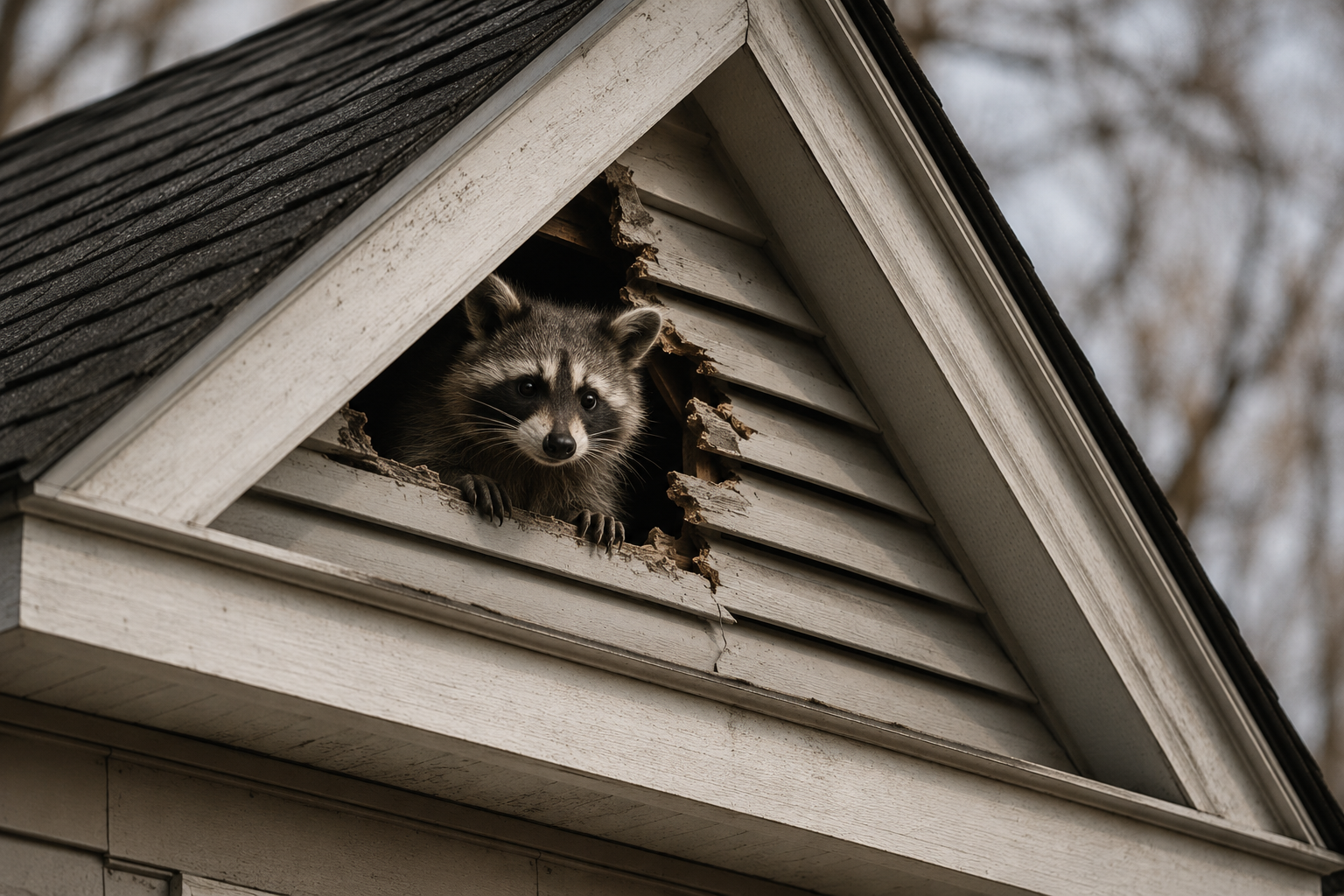 A raccoon peering out from damaged gable vent siding on a residential roofline.