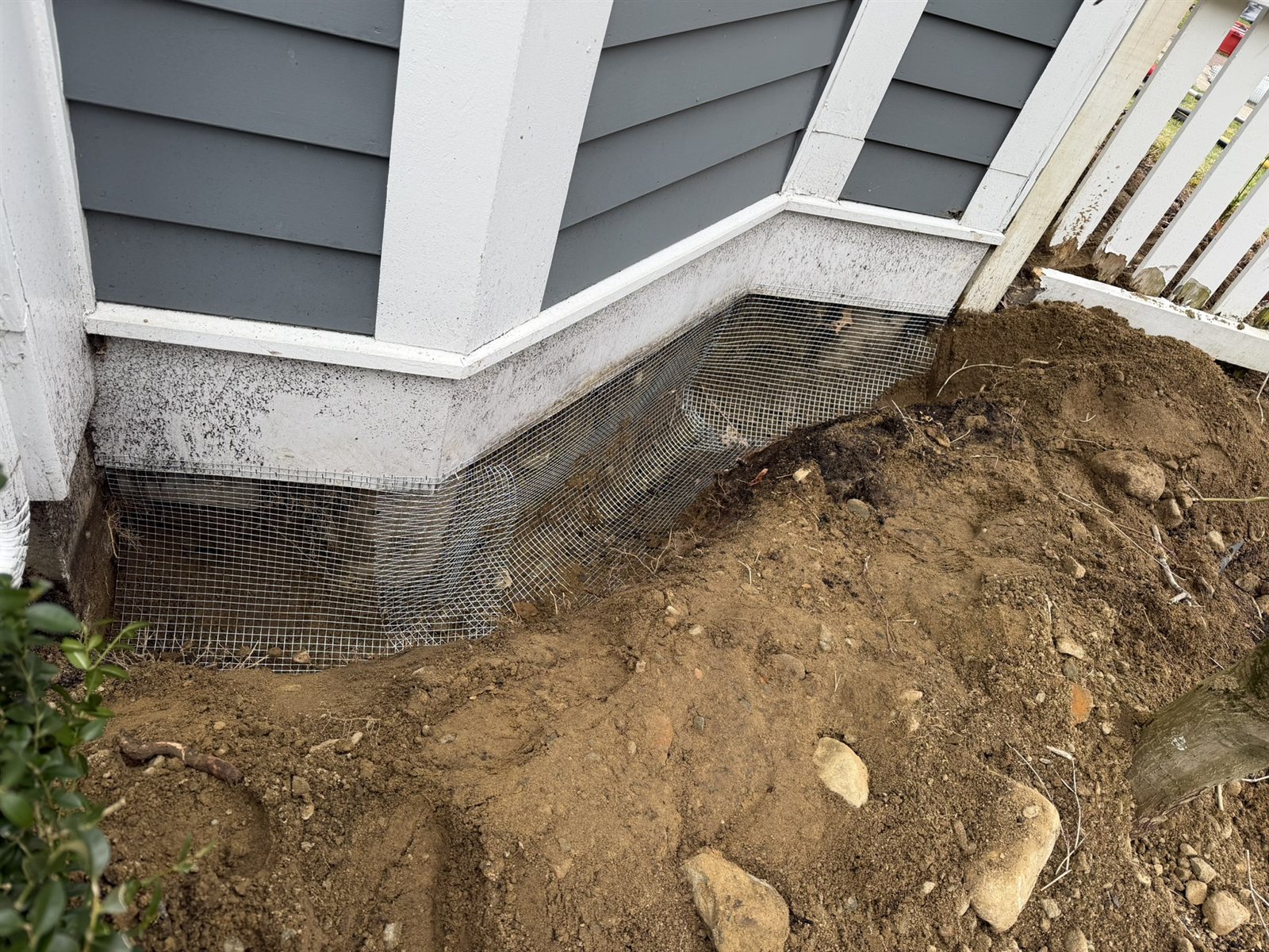 Galvanized hardware cloth installed below grade along the foundation to prevent burrowing wildlife.